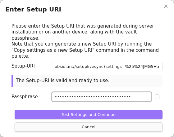 Object Storage Setup URI from the first device entered on the second device