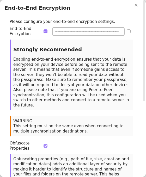 CouchDB Vault encryption settings with the passphrase masked