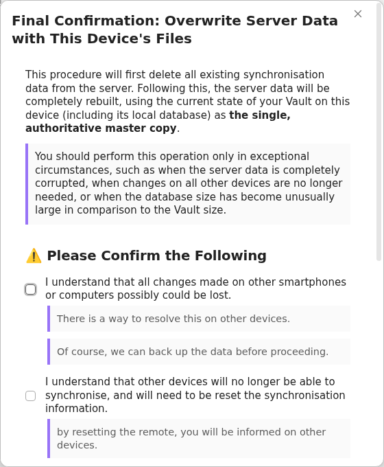 Final server overwrite warning