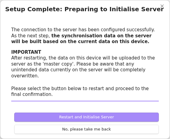 First-device server initialisation confirmation