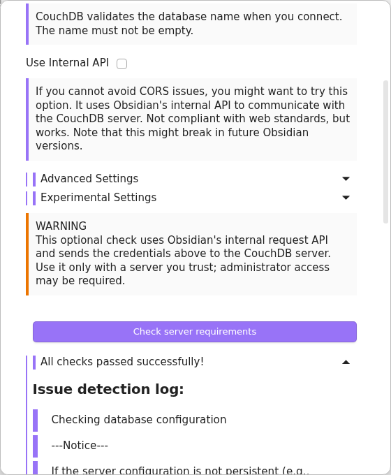 Successful optional CouchDB server requirements check