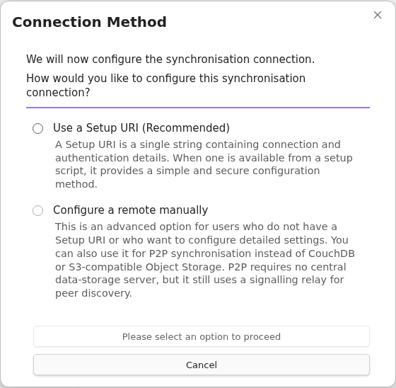 Manual remote configuration option during onboarding