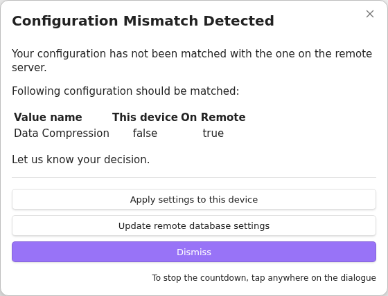 Configuration mismatch dialogue