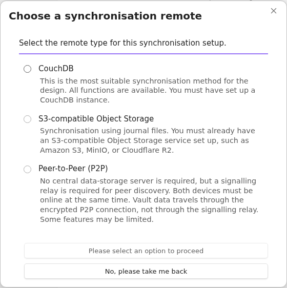 CouchDB option in the list of synchronisation remotes